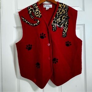 Vintage Lisa International Red Animal Print Boiled Wool Vest Size XL